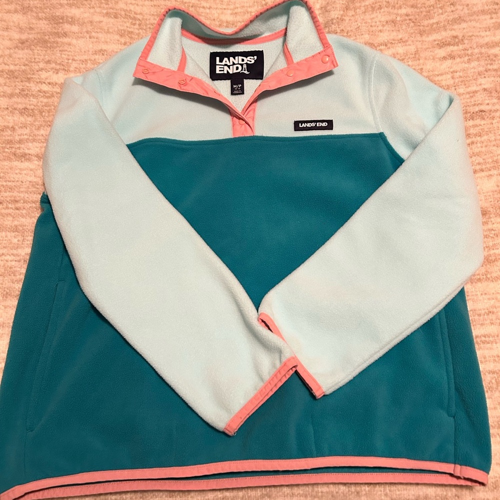 Lands' End Womens Aqua and Coral Fleece Pullover